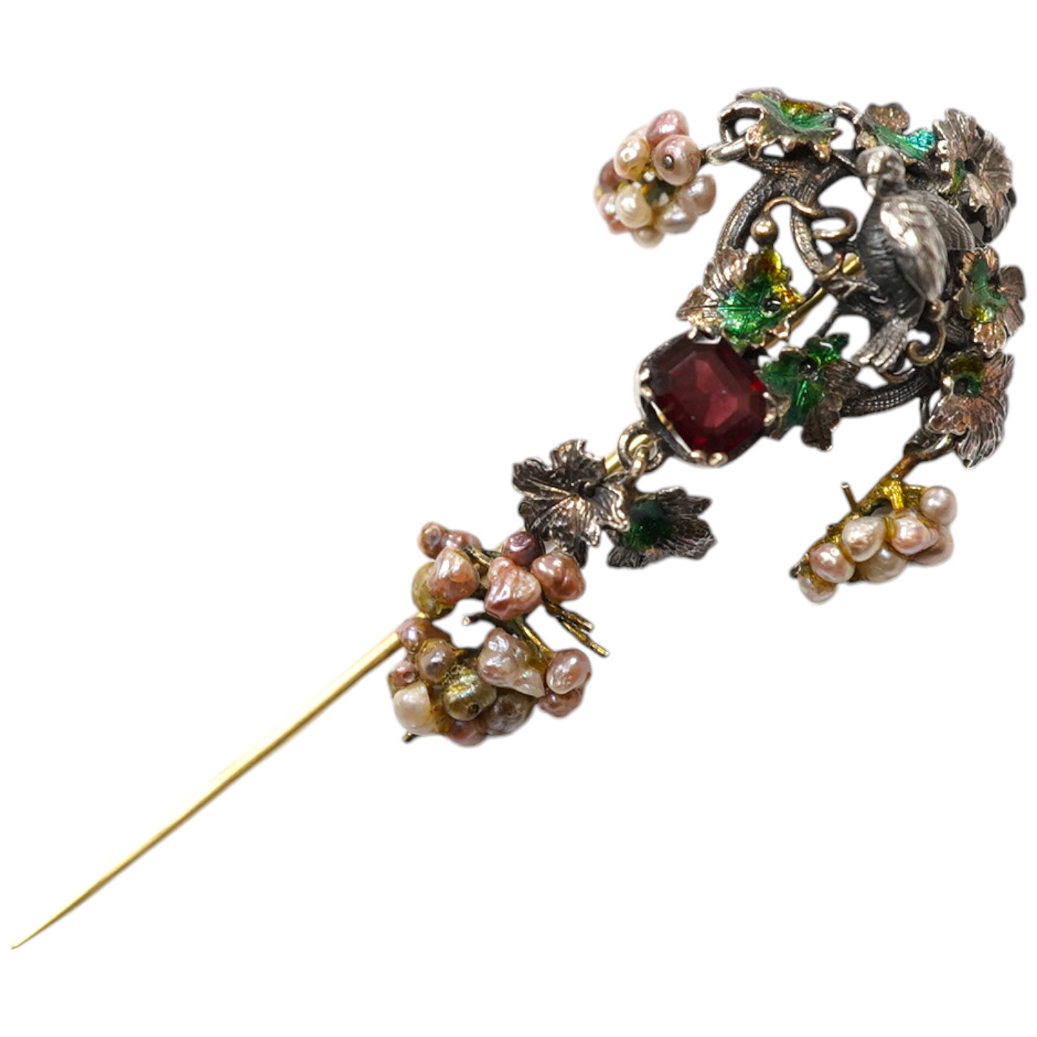 A 19th century Austro-Hungarian? gilt white metal, baroque pearl enamel and garnet set drop stick pin, decorated with birds and fruiting vines, 73mm. Condition - poor.